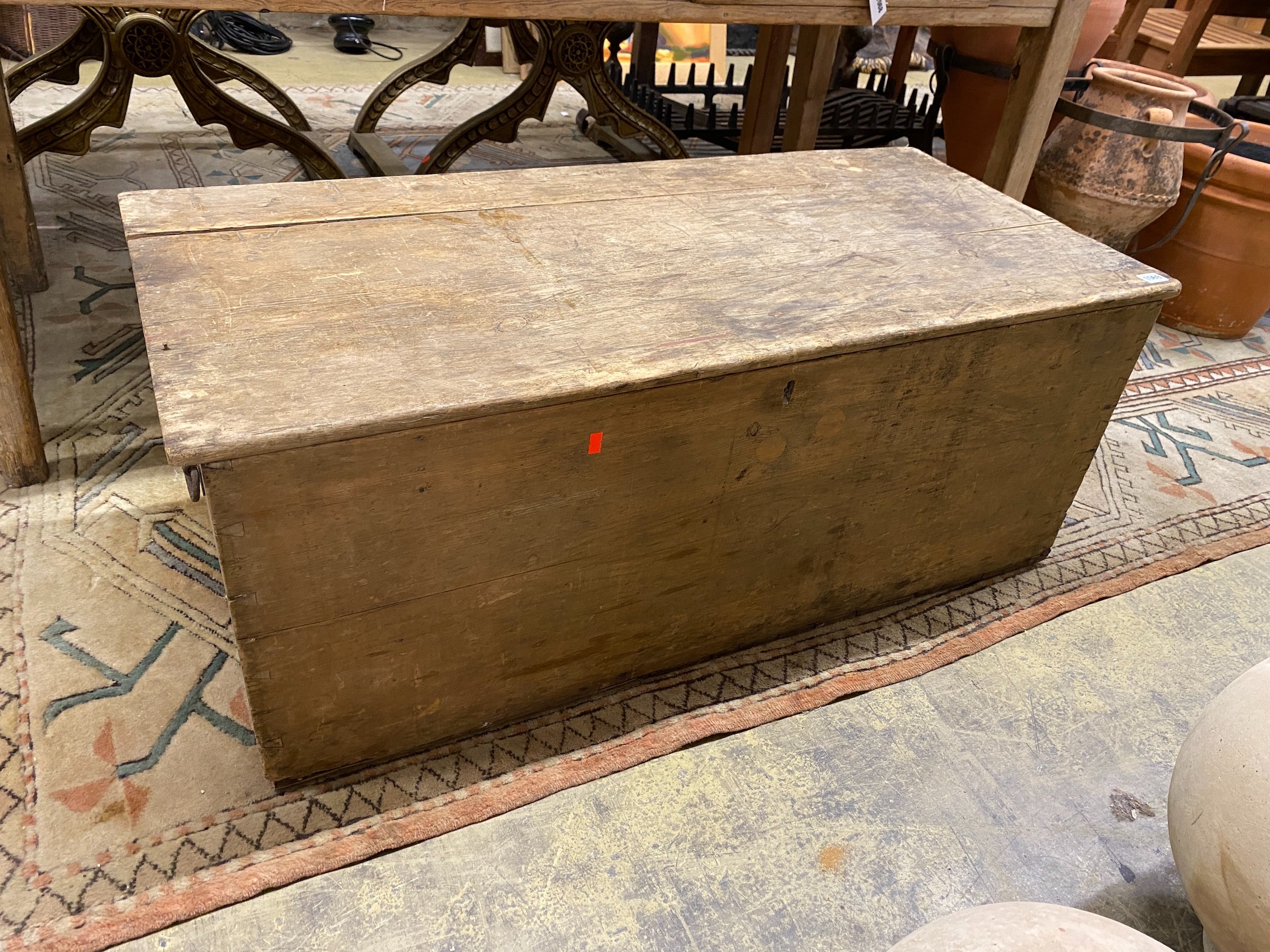 A Victorian rectangular pine trunk, length 110cm, depth 51cm, height 42cm